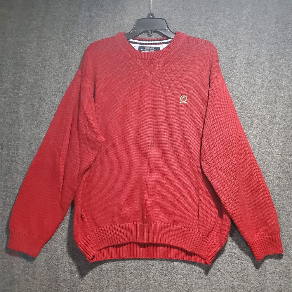Vintage Tommy Hilfiger Sweater Men's XL Red Preppy Heavy Knit Crest Logo Cotton